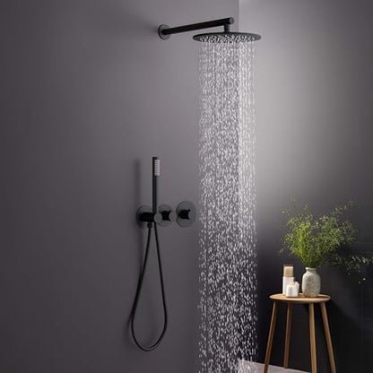 Circular Matte Black Thermostatic Shower System – Rainfall & Handheld Shower Head Set | 2-Function Shower Faucet Set with Rough-In Valve | Solid Brass Build & Temperature Control (KSF410MB) - color: Matte Black