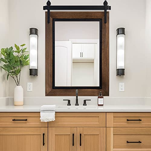 Farmhouse Barn Door Mirror, 40"x30" Rustic Bathroom Mirror, Wood Frame Wall Mirror, Wooden Mirror for Living Room Bedroom Entryway Wall Décor, Vertical Hanging ONLY - color: Brown, size: 40"L x 30"W