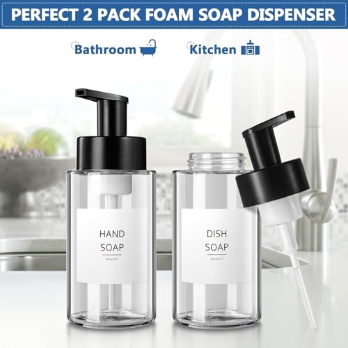 RYTOXILO Foaming Soap Dispenser, 10 oz/300ml Foaming Hand Soap Dispenser, 2 Pack Glass Foaming Soap Dispenser for Bathroom Kitchen, Clear Refillable Foam Soap Dispenser Bottle with Waterproof Labels - color: Clear Bottle, size: 10 Fl oz