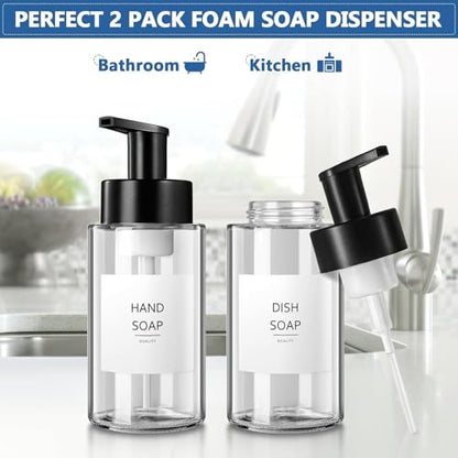 RYTOXILO Foaming Soap Dispenser, 10 oz/300ml Foaming Hand Soap Dispenser, 2 Pack Glass Foaming Soap Dispenser for Bathroom Kitchen, Clear Refillable Foam Soap Dispenser Bottle with Waterproof Labels - color: Clear Bottle, size: 10 Fl oz