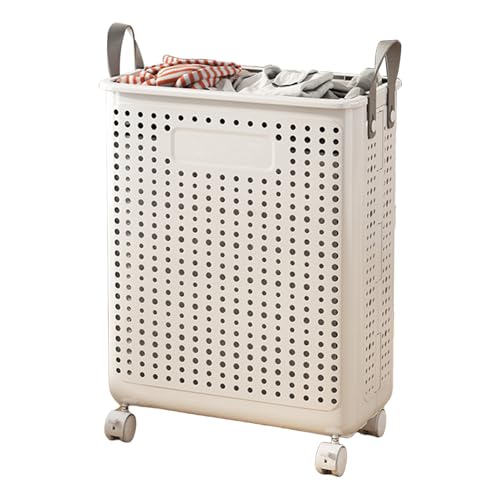 Slim Rolling Laundry Basket with Wheels Plastic Foldable Dirty Clothes Hamper Large Capacity Breathable Mesh Laundry Bin with Leather Handles for Narrow Space Bathroom White M