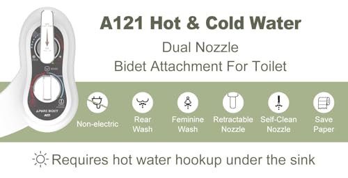 APURE BIDET A121 - Hot and Cold Water Bidet Attachment for Toilet Seat - Dual nozzle - Rear and Feminine Wash- Selfcleaning- Adjustable Water Pressure Non-Electric Bidet Toilet Seat Attachment
