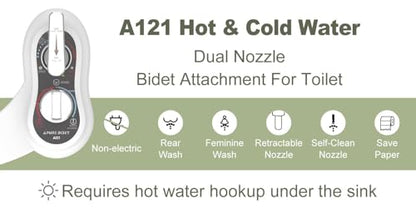 APURE BIDET A121 - Hot and Cold Water Bidet Attachment for Toilet Seat - Dual nozzle - Rear and Feminine Wash- Selfcleaning- Adjustable Water Pressure Non-Electric Bidet Toilet Seat Attachment