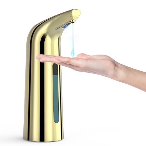 Automatic Soap Dispenser, Plastic Material for Bathroom & Kitchen | 4-Level Adjustable Touchless Hand Soap Dispenser ,13oz/400ml Battery Operated Electric Dispenser, Gold Soap Dispenser - color: Gold