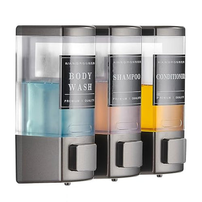 Shower Shampoo Dispenser 3 Chamber No Drill, Grey | Wall Mounted, Large Capacity 3×16.9oz, ABS Plastic Material, Refillable With Labels, For Bathroom Hotel - color: Dm35-grey