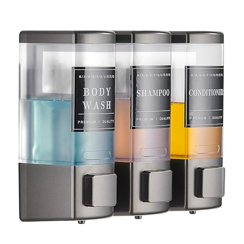 Shower Shampoo Dispenser 3 Chamber No Drill, Grey | Wall Mounted, Large Capacity 3×16.9oz, ABS Plastic Material, Refillable With Labels, For Bathroom Hotel - color: Dm35-grey