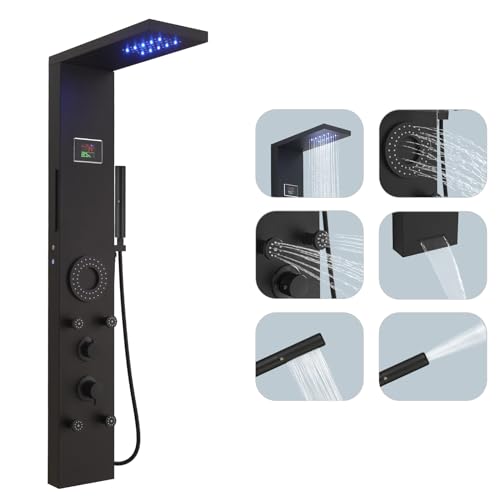 Hoimpro Matte Black LED Shower Panel Tower System,2 In 1Function Shower Panel Light Rainfall Waterfall Shower Rain Massage System with Body Jets Handheld Shower Sprayer, Stainless Steel, Wall Mount - color: Matte Black
