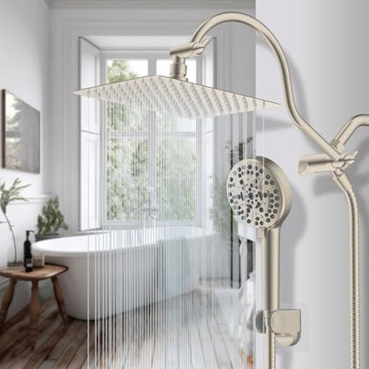 Hibbent All Metal CUPC Certified Shower Head, 10'' High Pressure Rainfall Shower Head, Handheld Showerhead Combo, 12'' Adjustable Extension Arm, 10 Sprays, 71'' Hose, Showerhead Holder, Brushed Nickel - color: Brushed Nickel, style: Square 10''