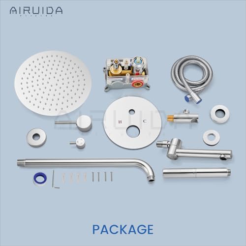 Airuida 3-Function Shower System with Tub Spout – Round Rainfall Shower Faucet Combo,Handheld Spray with 2 Functions,Includes Rough-In Valve with 360° Rotating Drain,10 Inch Shower Head,Chrome Polish - color: Chrome Polish, size: 10 Inch