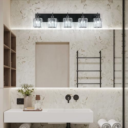 Black Crystal Bathroom Vanity Lights, Modern 5-Lights Bathroom Lighting Fixtures Over Mirror, Crystal Wall Lighting with Round Shade - color: Black-Round Shade, size: 5-Light