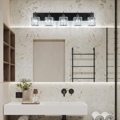 Black Crystal Bathroom Vanity Lights, Modern 5-Lights Bathroom Lighting Fixtures Over Mirror, Crystal Wall Lighting with Round Shade - color: Black-Round Shade, size: 5-Light