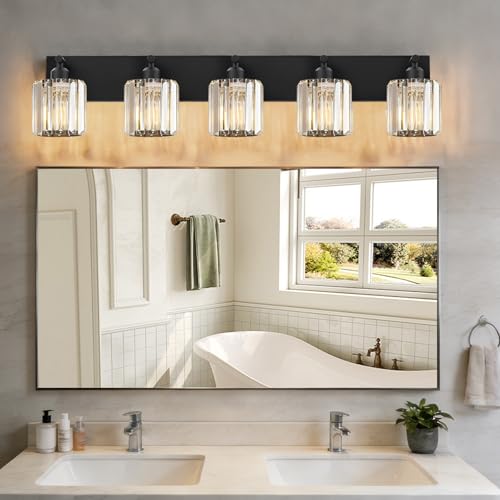 Black Crystal Bathroom Vanity Light, 5-Light Modern Bathroom Lighting Fixtures Over Mirror, Matte Black Wall Sconce Light Fixtures with Round Shade - color: Black-Round Shade, size: 5-LIGHT