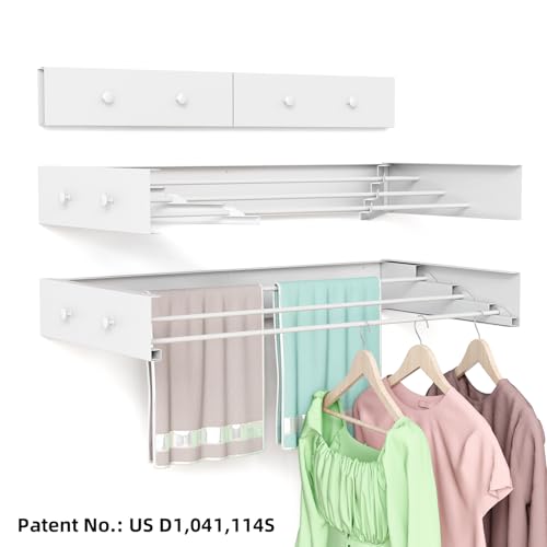 Wall Mounted Drying Rack for Laundry 19.8'', Folding Drying Rack Clothing Wall Mount with 3 Rods and 4 Hooks, Space Saving for Indoor Outdoor Bathroom Balcony (White, 19.8'') - size: 19.8''【4 Hooks】