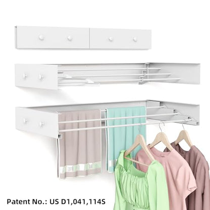 Wall Mounted Drying Rack for Laundry 19.8'', Folding Drying Rack Clothing Wall Mount with 3 Rods and 4 Hooks, Space Saving for Indoor Outdoor Bathroom Balcony (White, 19.8'') - size: 19.8''【4 Hooks】