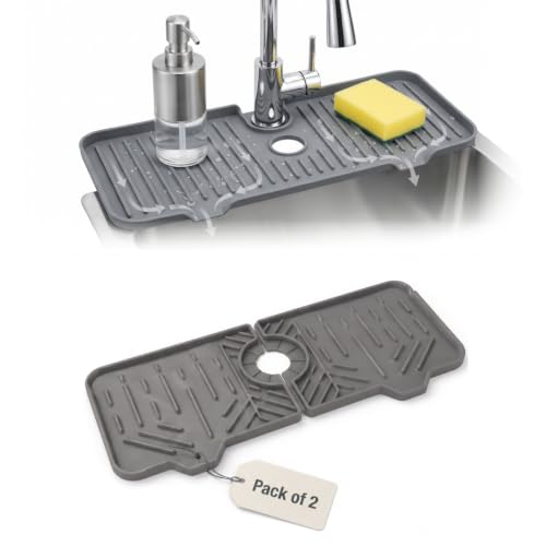 Sink Splash Guard [2-Pack, Grey] - 14.6" Silicone Faucet Mat for Kitchen Sink, Drip Catcher & Countertop Protector | Foldable Kitchen Sink Faucet Mat, Water Drainage Pad for Bathroom & RV