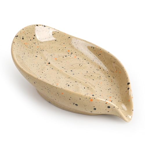 Soap Holder, Self Draining Soap Dish, Leaf Shape Bar Soap Holder Ceramic Drain Soap Dishes for Bathroom Sink Shower Kitchen, Easy to Clean Keeps Soap Dry, ANTIS'S HOME - color: Lightcurry-1pcs-enhanced Draining