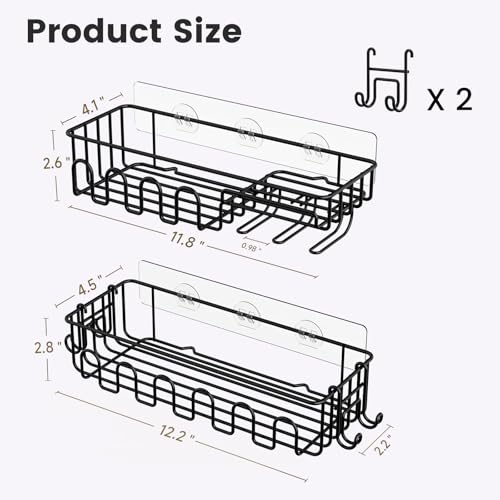 4-Pack Adhesive Shower Caddy, Wall Mounted Bathroom Shelf, Black | 2 Open Grid Baskets, Drill-Free Adhesive, 2 Detachable Hooks, Rustproof Metal, Ideal Bathroom Kitchen Shelf, Holds 25Lbs - color: Black