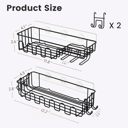 4-Pack Adhesive Shower Caddy, Wall Mounted Bathroom Shelf, Black | 2 Open Grid Baskets, Drill-Free Adhesive, 2 Detachable Hooks, Rustproof Metal, Ideal Bathroom Kitchen Shelf, Holds 25Lbs - color: Black