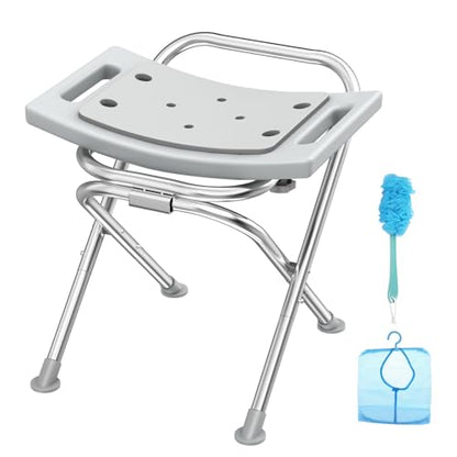 Folding Shower Chair Seat, 17.5" Stainless Steel Small Shower Chair for Inside Shower with Pad, 400lbs Portable Travel Shower Stool, Safety Anti-Slip Bath Chair for Seniors, Disabled, Gray