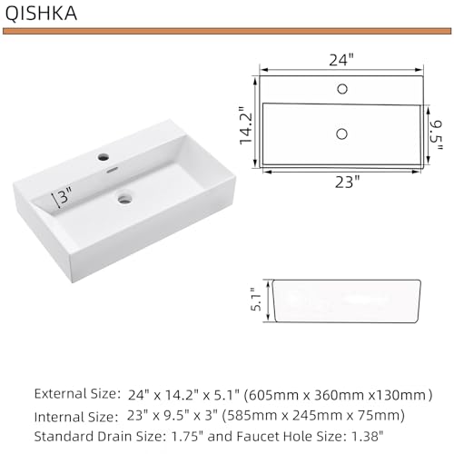 Wall Mount Rectangular Bathroom Sink, QISHKA 24"x14" Modern Ceramic Floating Vessel Sink, White Rectangle Vanity Sink with Overflow, Wall Hung Wash Hand Basin - size: 24" x 14.1" x 5.1"