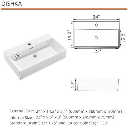 Wall Mount Rectangular Bathroom Sink, QISHKA 24"x14" Modern Ceramic Floating Vessel Sink, White Rectangle Vanity Sink with Overflow, Wall Hung Wash Hand Basin - size: 24" x 14.1" x 5.1"