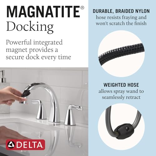 Delta Arvo Chrome Bathroom Faucet with Sprayer, 8 Inch 3 Hole Widespread Bathroom Sink Faucet with Pull Out Sprayer, Push-Pop Drain, Chrome 35840LF-PD - color: Chrome