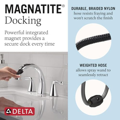 Delta Arvo Chrome Bathroom Faucet with Sprayer, 8 Inch 3 Hole Widespread Bathroom Sink Faucet with Pull Out Sprayer, Push-Pop Drain, Chrome 35840LF-PD - color: Chrome