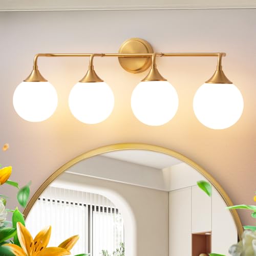 Brushed Gold Bathroom Light Fixtures Over Mirror Vanity 4-Light | Mid Century Modern Brushed Gold Wall Sconce with Milky White Glass Ball Shades for for Bathroom Dressing Table Bedroom - color: Gold, size: 4-light