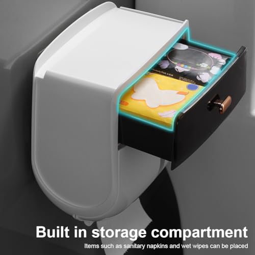Toilet Paper Holder Wall Mount, Self Adhesive Paper Towels Holder with Drawer and Shelf Watertight Tissue Dispenser Semi-Auto Switch Toilet Tissue Roll Holders for Bathroom(Black)