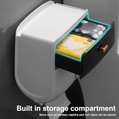 Toilet Paper Holder Wall Mount, Self Adhesive Paper Towels Holder with Drawer and Shelf Watertight Tissue Dispenser Semi-Auto Switch Toilet Tissue Roll Holders for Bathroom(Black)