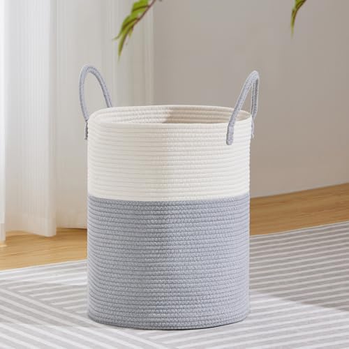 VIPOSCO 53L Tall Woven Laundry Basket Hamper, Grey White | Cotton rope laundry hamper, collapsible wicker basket, storage for blanket, toys, dirty clothes, for bedroom, bathroom - color: Grey, size: 53L