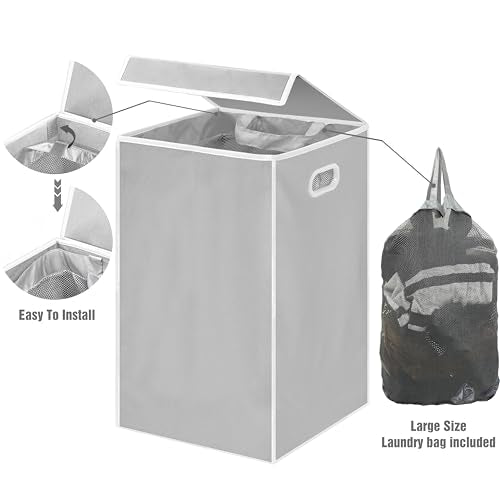 Simple Houseware Foldable Laundry Hamper Basket with Lid and Bag, Gray - color: Grey