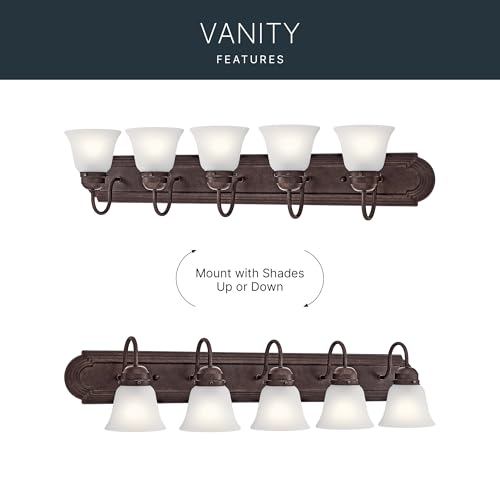 Kichler 5-Light Bathroom Vanity Light, Tannery Bronze | Damp-rated vanity light with satin etched glass (36" x 8" x 5"), 5339TZS - color: Tannery Bronze, size: 36"