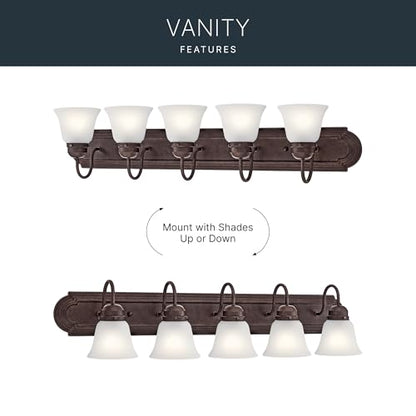 Kichler 5-Light Bathroom Vanity Light, Tannery Bronze | Damp-rated vanity light with satin etched glass (36" x 8" x 5"), 5339TZS - color: Tannery Bronze, size: 36"