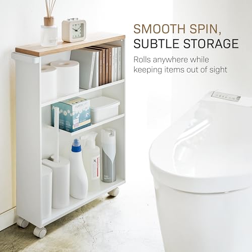 Yamazaki Home Slim Rolling Storage Cart – Narrow Bathroom Storage Cabinet With Handle, Slim Bathroom Storage Cart With Wheels, Easy Assembly, Steel + Wood, White, 27" - Steel - - color: White