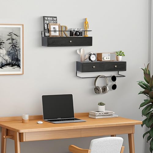dreampossible 2-Pack Rustic Floating Shelves with Drawer, Black, 15.8 Inch Long, Wall-Mounted, Bathroom, Kitchen, Living Room Storage - color: Black, size: 15.8 Inch Long