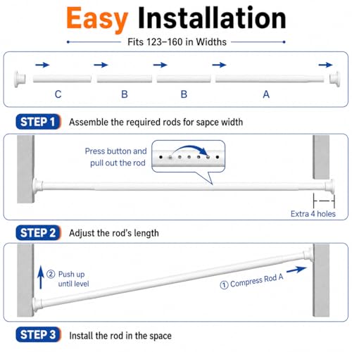 ALLZONE Tension Curtain Rod for Windows, 123 to 160 Inch, Heavy Duty Extra Long Curtain Rods, Non-Slip Bathroom Shower Tension Rod, Renter Friendly, Adjustable, Spring Loaded, White - color: White, size: 123-160 Inches