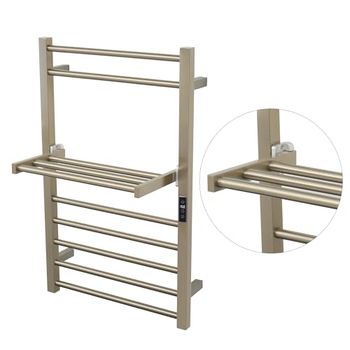 Heated Towel Warmer Rack Electric Bathroom with Voice Control Alexa & Google Home,TUYA Wall-Mounted,Stainless Steel,31.5x19.69x11.61in,Foldable Storage,Plug-in,Brushed Nickel,10 Bars - color: Bruched Nickel With Wifi & Shelf