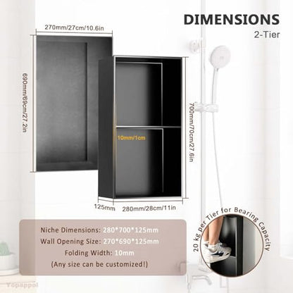 Bathroom Shower Niche, Insert Storage Shower Shelf for Wall, Stainless Steel Wall Alcove Shelf No Tiled Recessed Niche Shower for Storage(70cmx28cmx12.5cm) - size: 70cmx28cmx12.5cm