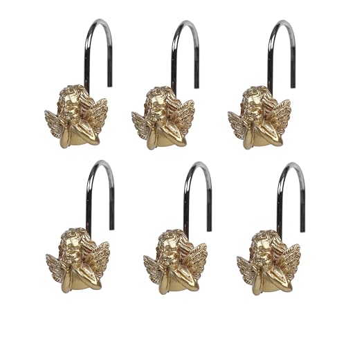 Twofish Home Golden Angel Shower Curtain Hooks Anti Rust Shower Curtain Hooks Decorative Resin Golden Angel Shower Curtain Rings Set of 12 - color: Golden Angel-1
