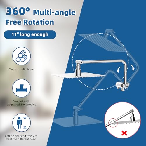 12" Metal Rainfall Shower Head with 10-Mode Handheld, Chrome | NSF/ANSI/CAN 372 Certified, High Pressure Showerhead Combo with 11" Adjustable Shower Arm, 71" Hose, Shower Head Holder - color: Chrome, style: Square 12"
