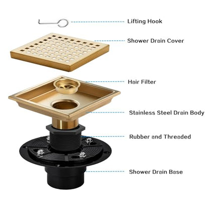 Square Shower Drain Gold Brushed 6 inch with Removable Grid Panel | AISI 304 Stainless Steel Shower Floor Drain with Detachable Hair Catcher Flange Lifting Hook Fits Bathroom Balcony Kitchen - color: Gold, size: 6 inch+Base