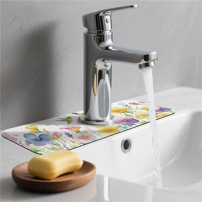 Kitchen Sink Splash Guard，Spring-flowers with hummingbirds Faucet Mat Sink Gadgets-Super Absorbent Fast Drying Mat Drip Catcher for Kitchen, Bathroom,Sink Mat, Dish Drying Mat, Bathroom(15" X 5.5" ) - color: Spring-flowers with hummingbirds