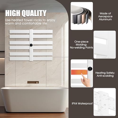 K&KALONZO Electric Towel Warmer Wall Mount Heated Rack Timer, 12-Bar,White | Fast Heat in 2 Min, 3 Heat Levels, Anti-Scald, NTC Safety, Plug-in/Hardwired Aluminum Towel Warmer for Bathroom - color: White, size: 12-Bar