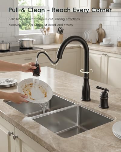 DAYONE 3 Holes Kitchen Sink Faucets with Soap Dispenser and Separate Handle, 2 Holes Pull Down Oil Rubbed Bronze Sink Faucet for Kitchen, Single Handle High Arc, DAY-279ORB - color: Oil Rubbed Bronze, style: 3 Holes
