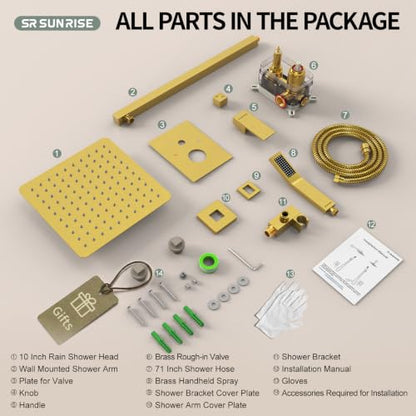 SR SUN RISE Shower Faucets Sets Complete Brushed Gold Square Rain Shower Head with Handheld Spray All Metal Shower Faucet Trim Repair Kits (Contain Shower Valve) - color: Brushed Gold, size: 10 Inch