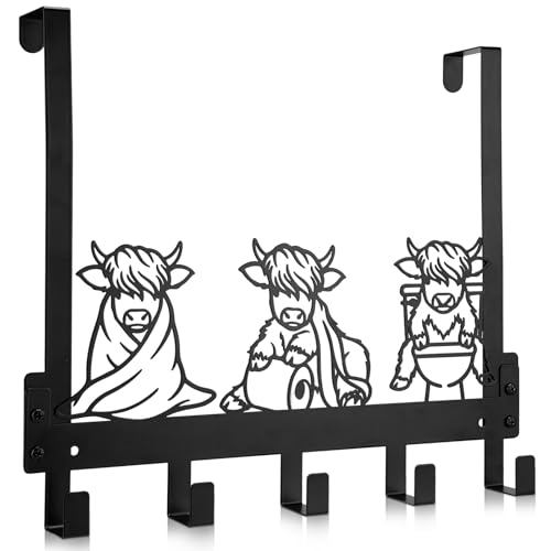 Kathfly Bathroom Highland Cow Over the Door Hooks Towel Hooks Heavy Duty Hanging Towel Rack Over Door Hanger, 5 Coat Hanger for Bedroom Bathroom Kitchen - color: Black, style: Bathroom Highland Cow