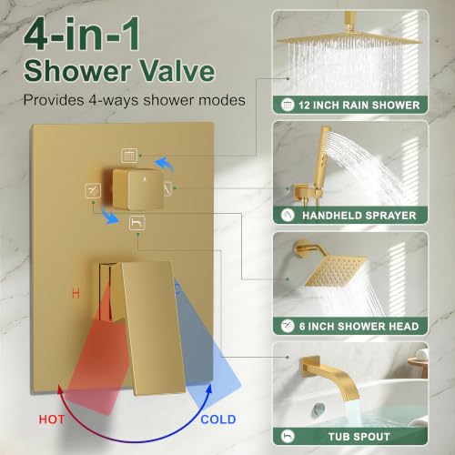 Rain Shower System with Rough-in Valve, Ceiling Mount Shower Faucet Set with 12" & 6" Dual Rain Shower Heads, 2-in-1 Handheld Shower, Tub Spout, 4-Function Complete Shower Fixture,Brushed Gold - color: Brushed Gold, size: Ceiling Mount-12"+6" head with Tu