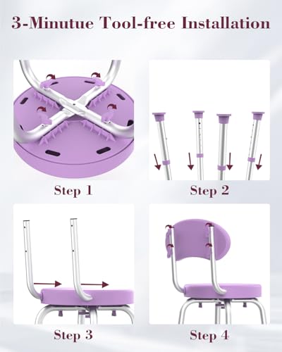 Swivel Shower Chair, 360° Non-Slip Shower Seat with Backrest for Elderly and Disabled, Height Adjustable Rotating Tub Bench for Seniors Bathroom Inside Shower with Compact Frame (Purple) - color: Purple