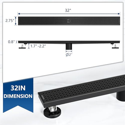 Neodrain 32" Linear Shower Drain, Matte Black 304 SS Bathroom Linear Drain | Black Shower Drain with Quadrato Grate& Adjustable Feet, Long Rectangle Shower Floor Drain in Bathroom, Balcony etc,cUPC - color: Matte Black, size: 32 In